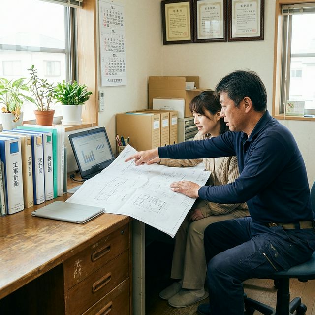 建設業のスタッフが事務所で図面とPCを確認している様子